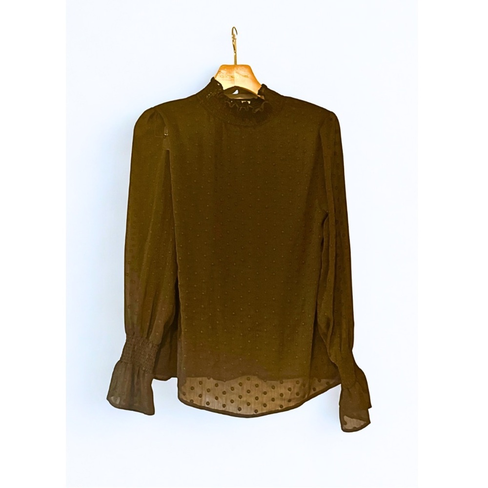 ROOLEE Swiss Dot Mock Neck Long Sleeve Olive Green Sheer Ruffle Cuff Blouse- S